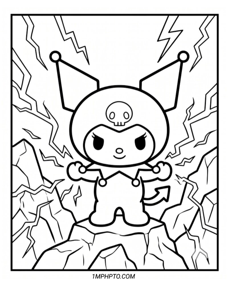 Black and white drawing of an epic Kuromi standing on a high mountain peak surrounded by lightning bolts