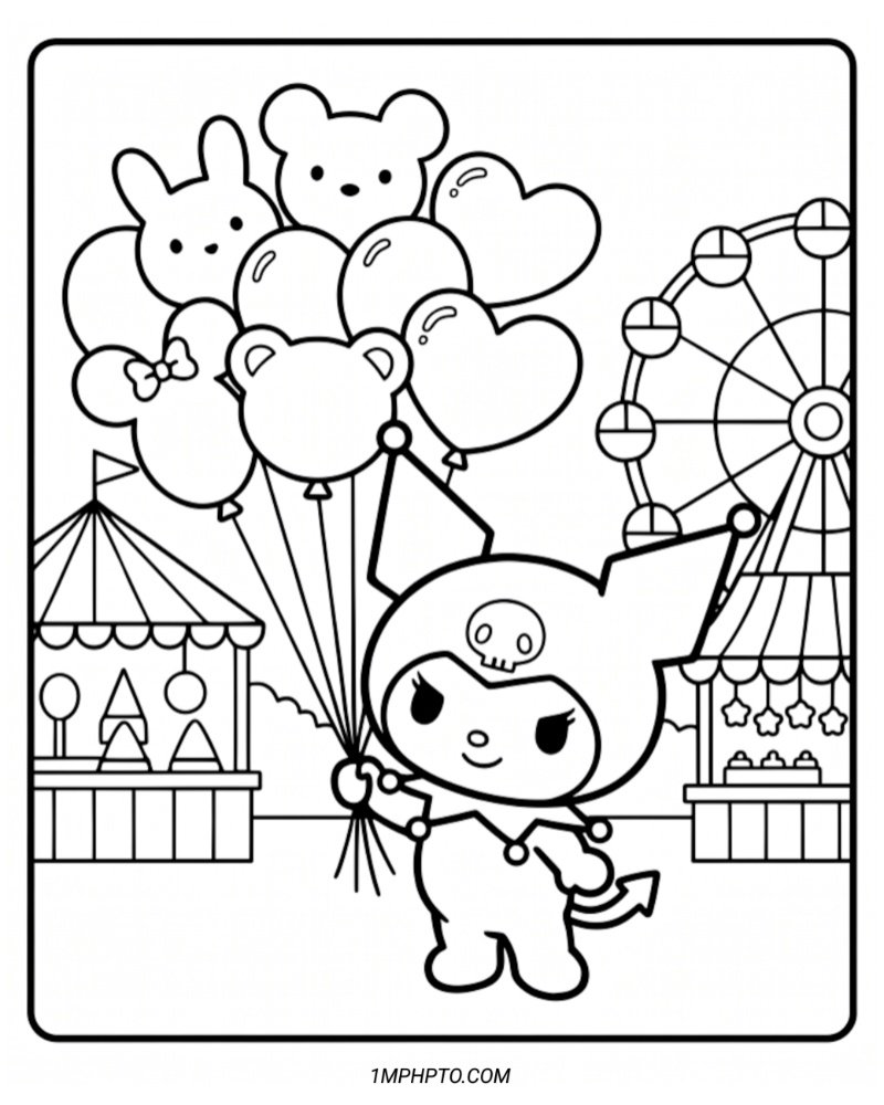 Coloring picture of Kuromi holding a bunch of animal balloons at a carnival with a Ferris wheel behind her