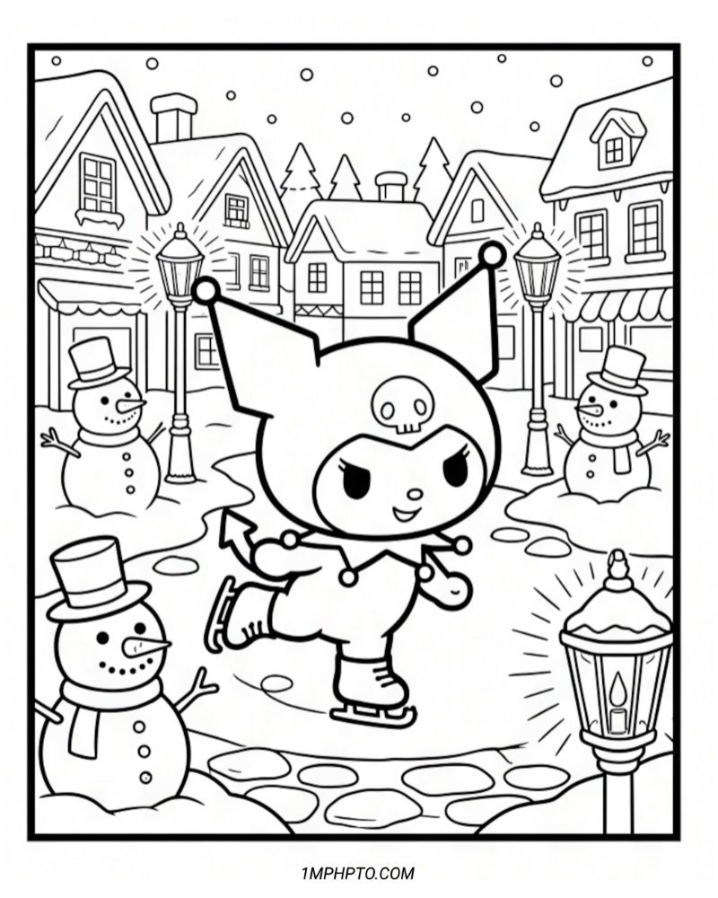 Coloring outline of Kuromi ice skating happily through a snowy winter village next to cute snowmen