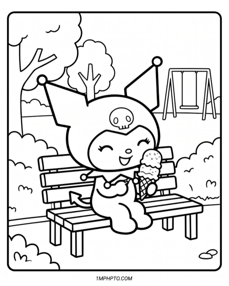Black and white outline of Kuromi sitting on a park bench enjoying a large double-scoop ice cream