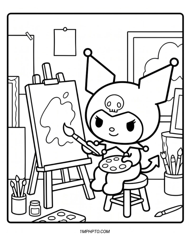 Black and white drawing of artist Kuromi sitting at an easel painting a picture with a brush and palette