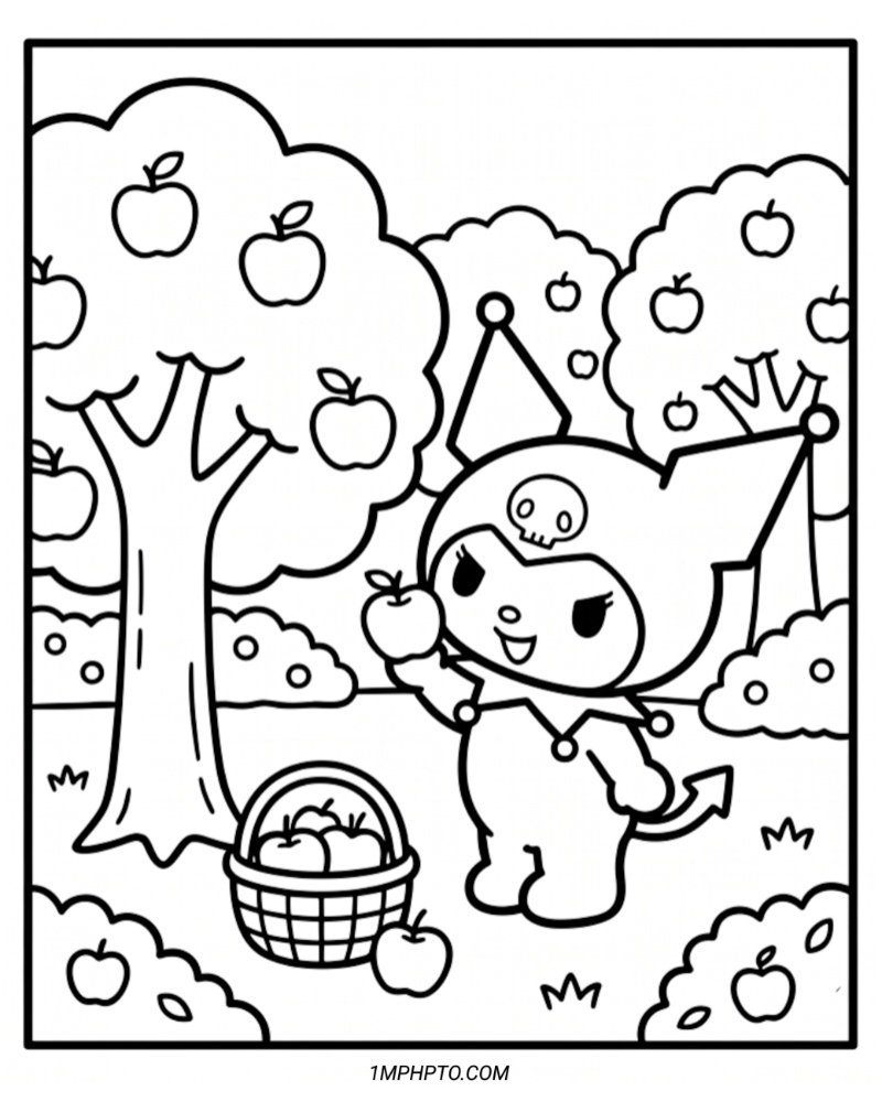 Coloring sheet featuring Kuromi riding a kick scooter down a street with cute little houses in the background