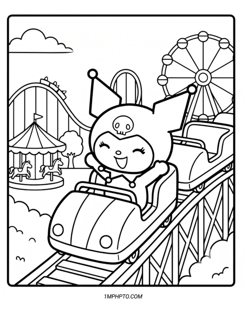 Coloring picture of Kuromi having a thrilling ride on a roller coaster at a busy amusement park
