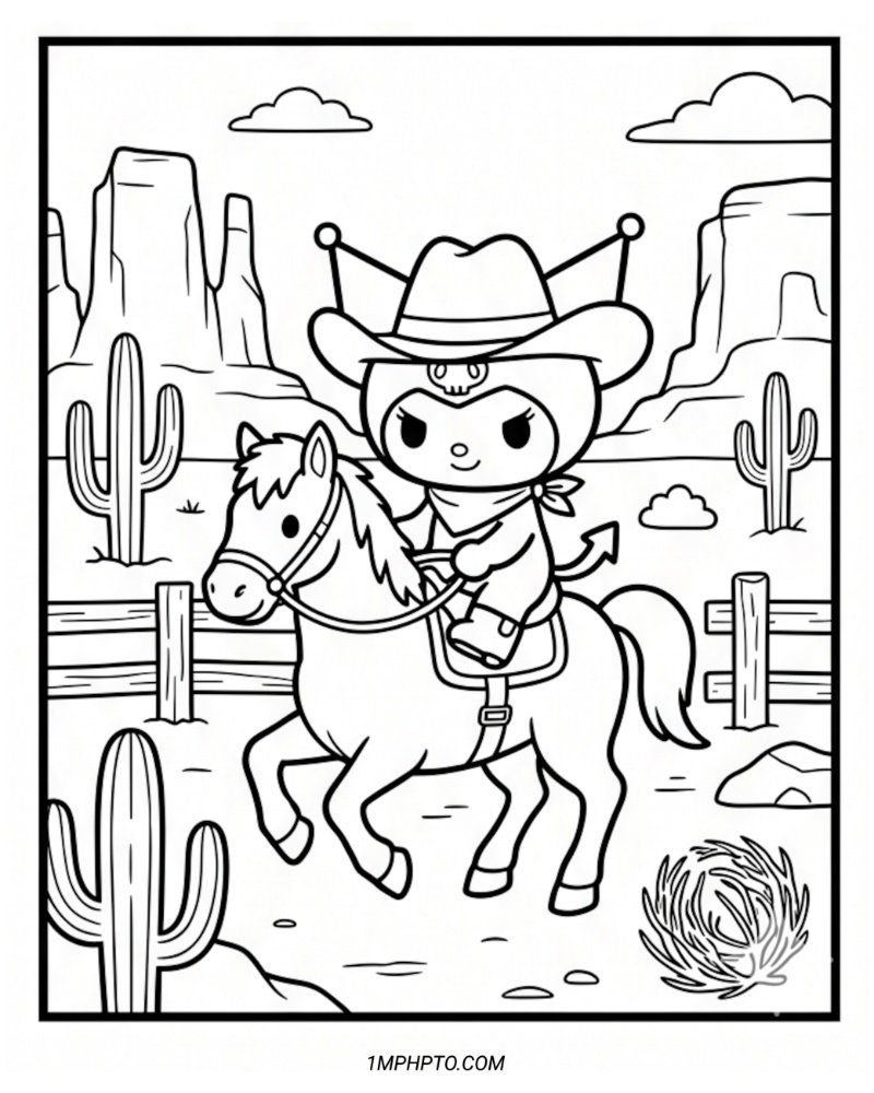 Coloring page of Kuromi dressed as a cowgirl riding a horse in a desert landscape with tall cacti