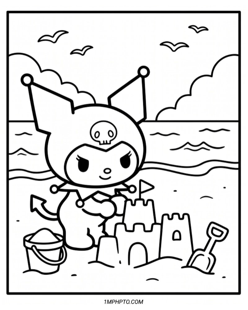 Coloring page of Kuromi building a sandcastle on the beach with a bucket, shovel, and seagulls flying above