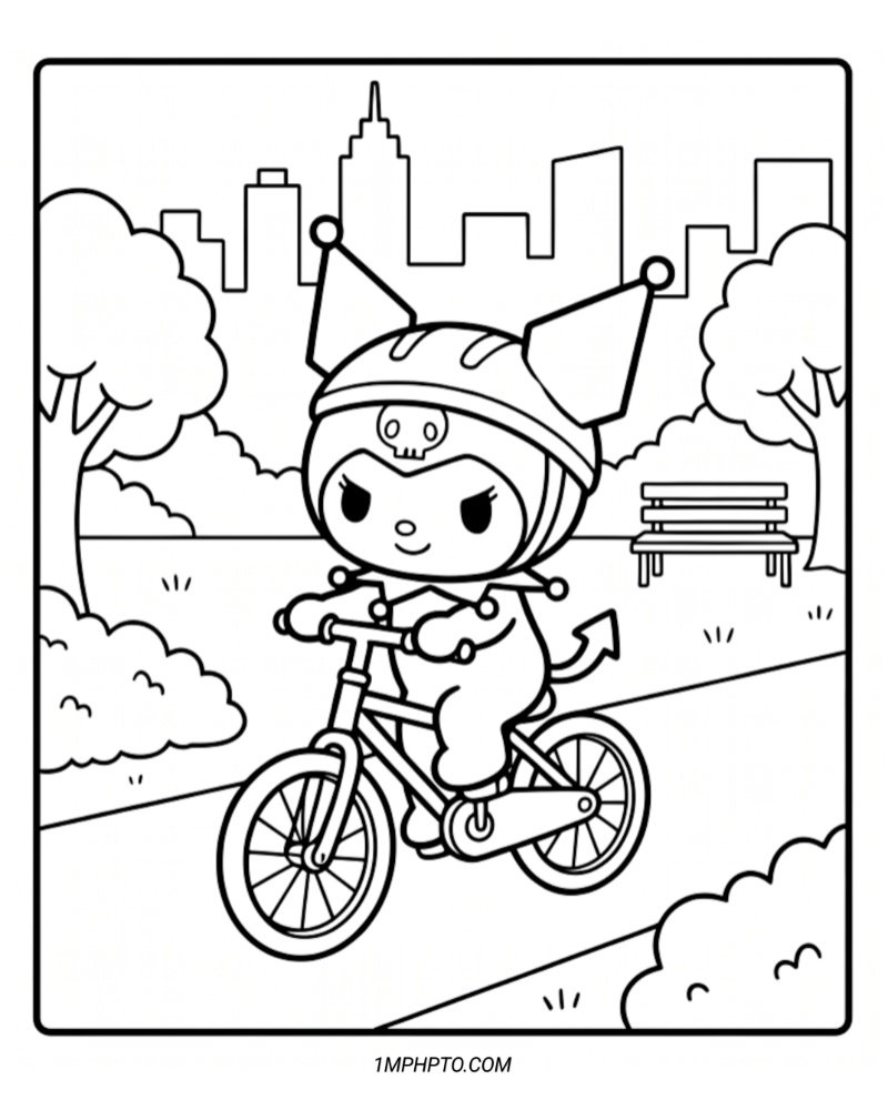 Illustration of Kuromi wearing a safety helmet and riding a bicycle on a path through a sunny city park