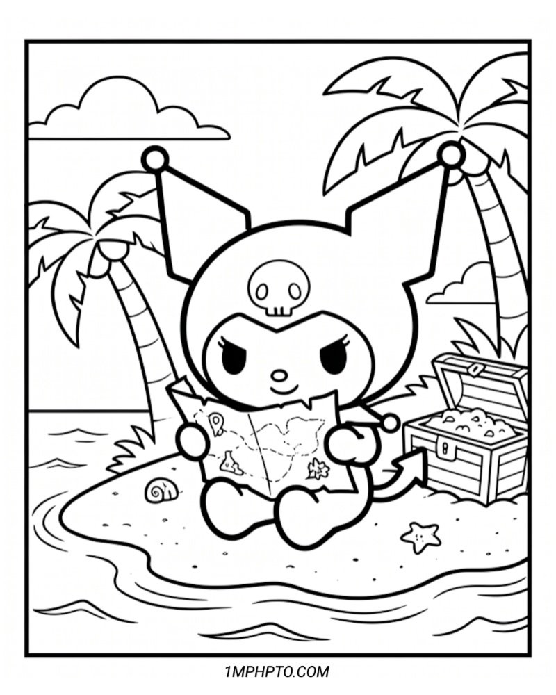Printable coloring page of Kuromi sitting on a tropical beach reading a treasure map next to a full chest
