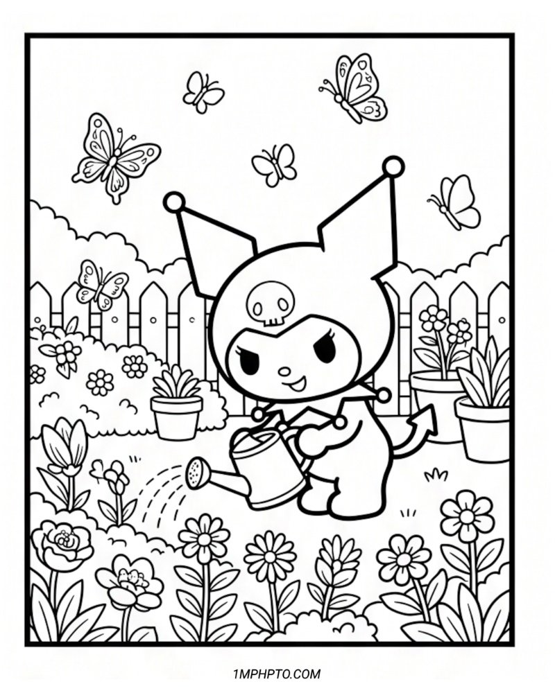Coloring sheet featuring Kuromi happily watering a garden full of blooming flowers and butterflies