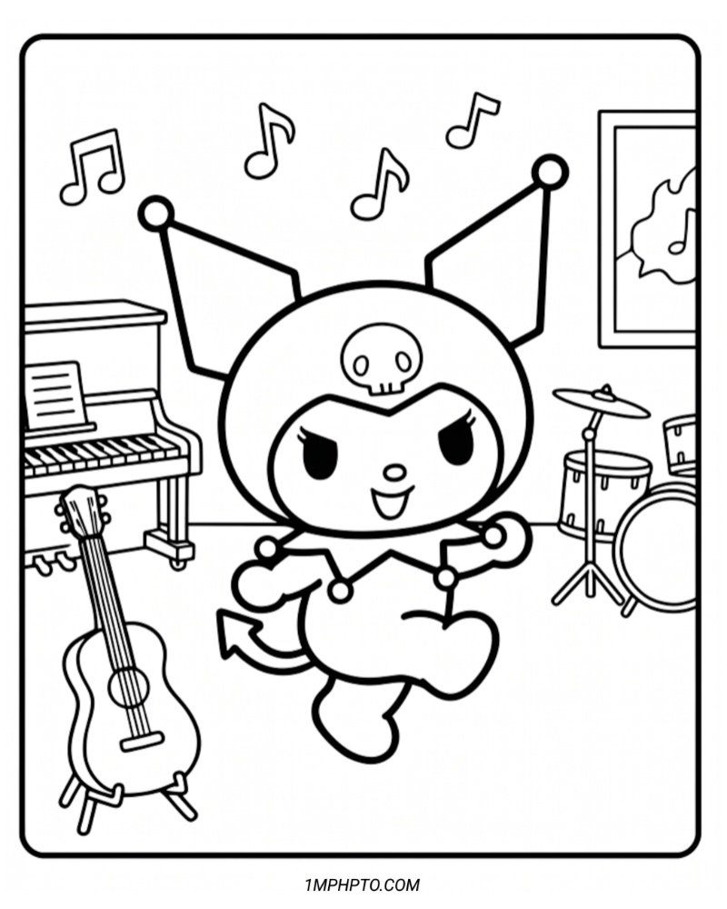 Printable coloring page showing Kuromi picking fresh apples in a sunny orchard with a full basket nearby