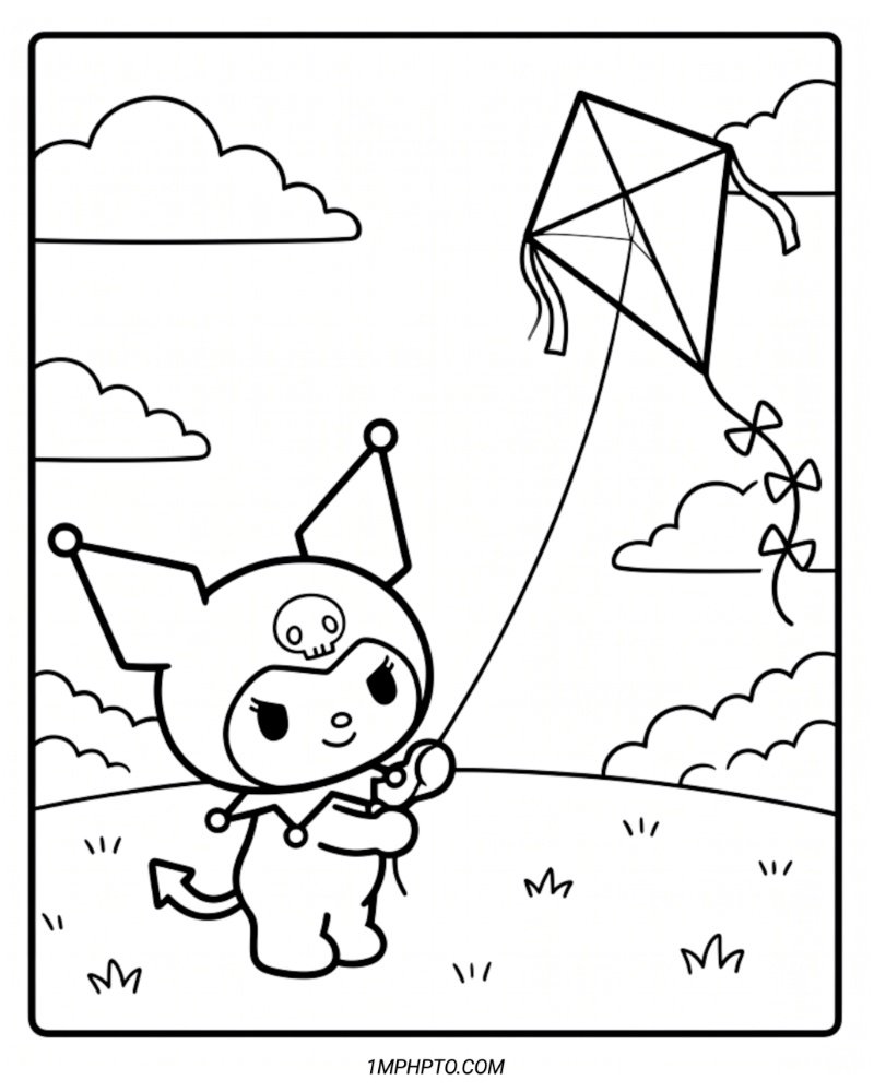 Illustration of Kuromi standing in a grassy field cheerfully flying a large kite high in the sky