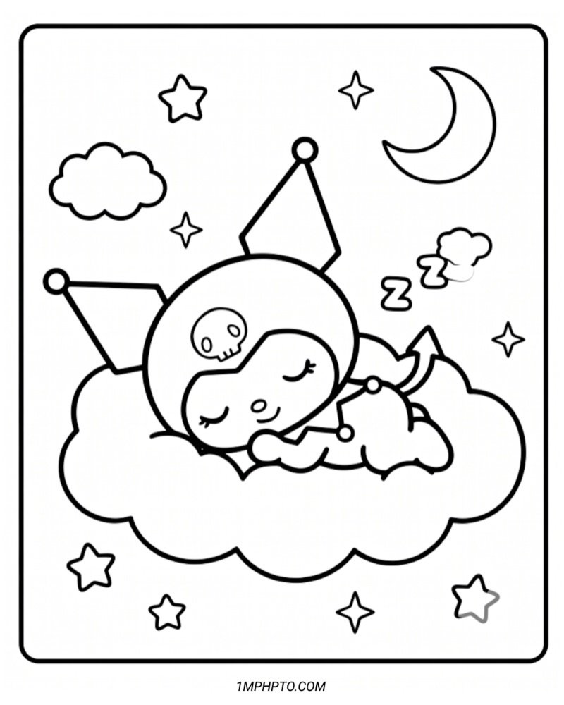 Black and white drawing of a sleepy Kuromi taking a cozy nap on a fluffy cloud surrounded by little stars
