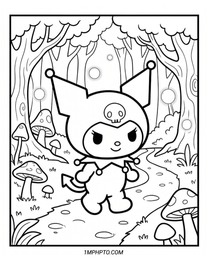 Coloring page of Kuromi walking on a dirt path through a magical forest surrounded by trees and cute mushrooms