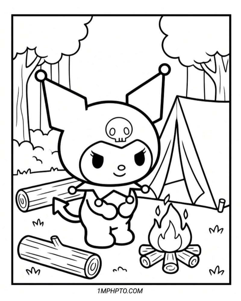 Black and white outline of Kuromi standing near a cozy campfire and a pitched tent in the peaceful woods