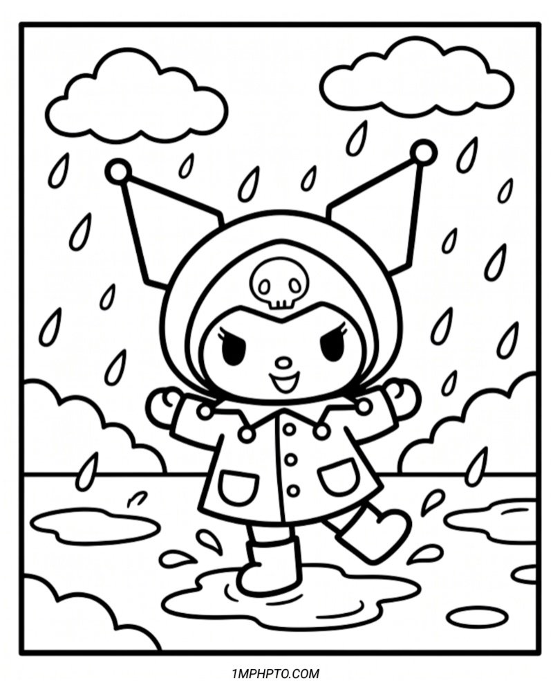 Black and white line art of Kuromi wearing a raincoat and boots while cheerfully splashing in rain puddles