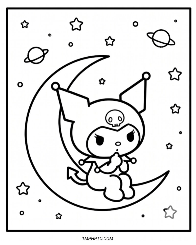 Cute coloring page of Kuromi sitting peacefully on a large crescent moon surrounded by stars and planets