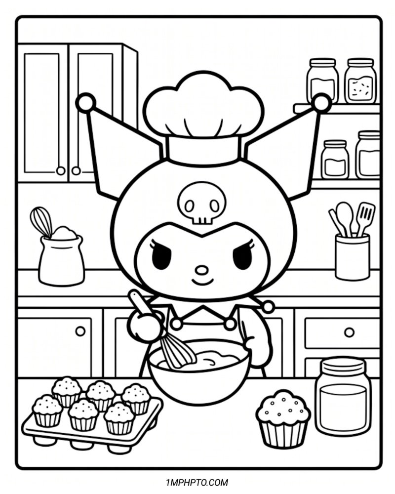 Cute coloring page showing Chef Kuromi mixing batter in a bowl to bake delicious cupcakes and treats