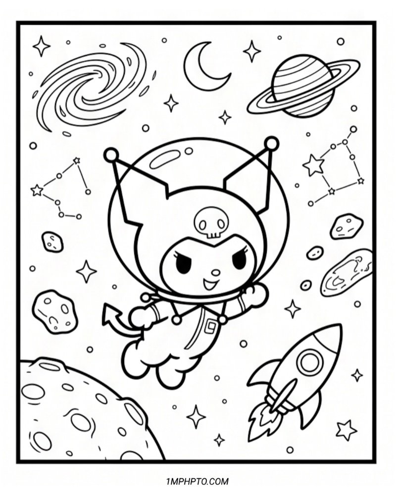 Printable coloring page of astronaut Kuromi floating in outer space among planets and a rocket ship