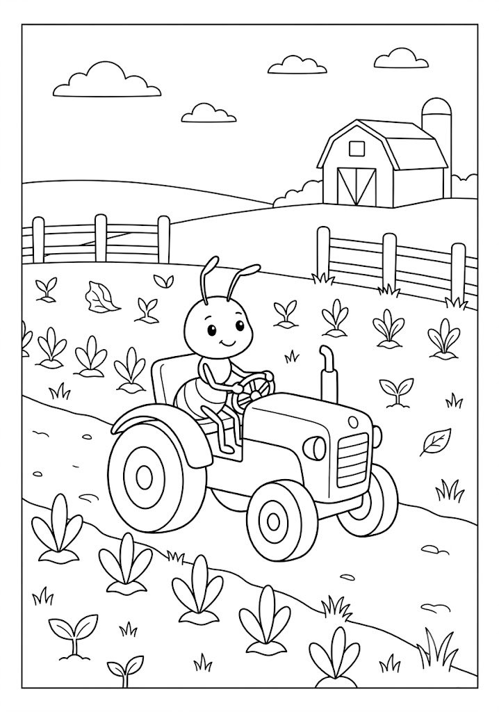 Ant Driving a Tractor Coloring Pages