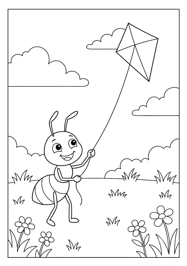 Ant Flying a Kite Coloring Pages