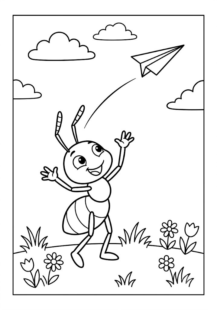 Ant Flying a Paper Airplane Coloring Pages