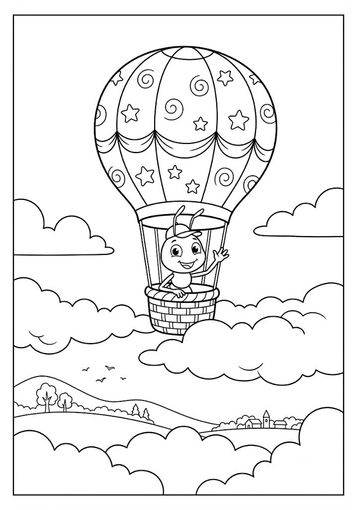 Ant Flying in a Hot Air Balloon Coloring Pages