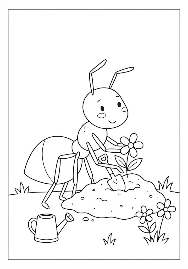 Ant Planting Flowers Coloring Pages
