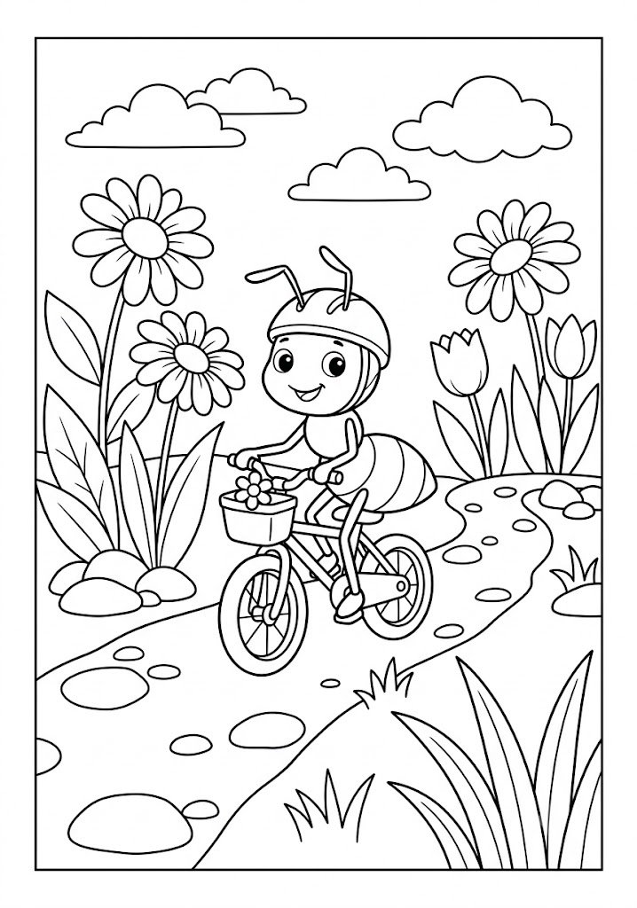 Ant Riding a Bicycle Coloring Pages