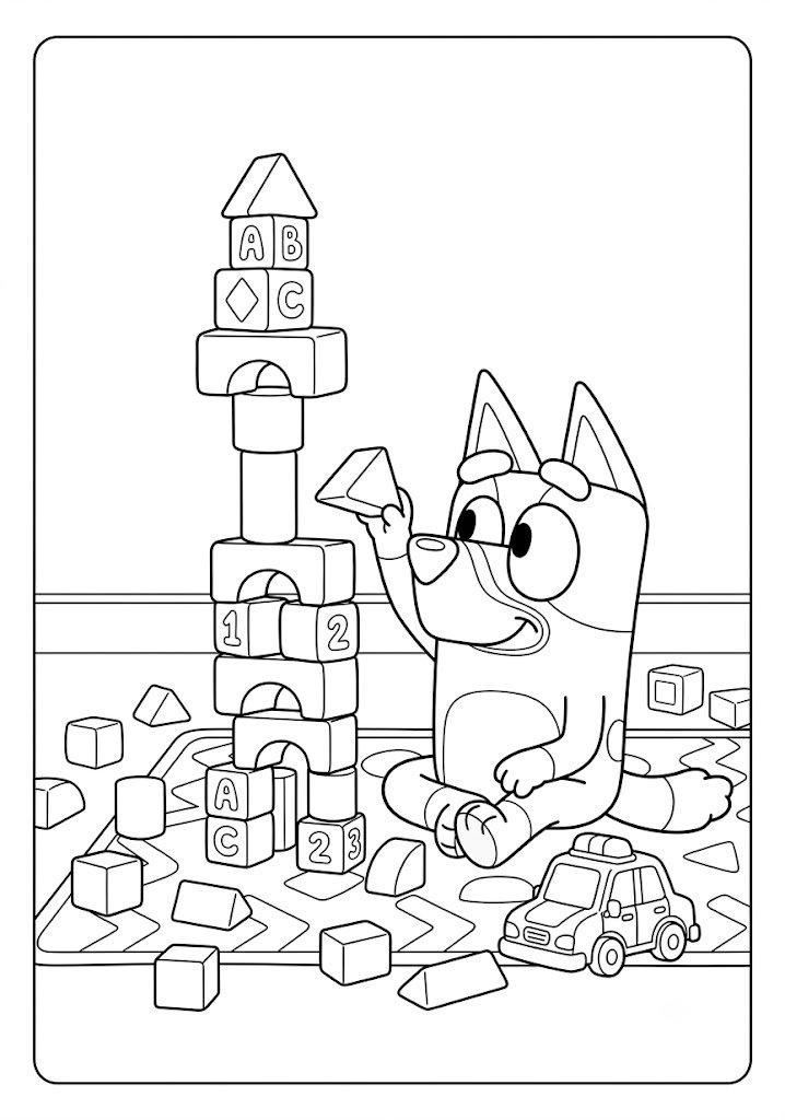 Bluey Building With Toy Blocks Coloring Pages