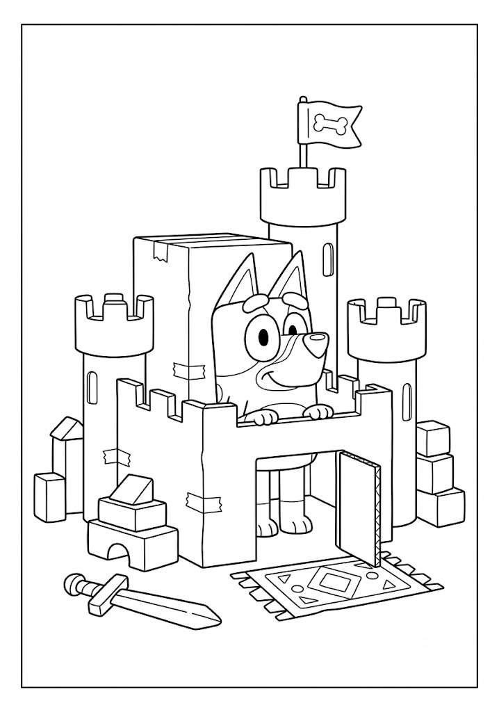 Bluey Building a Cardboard Castle Coloring Pages