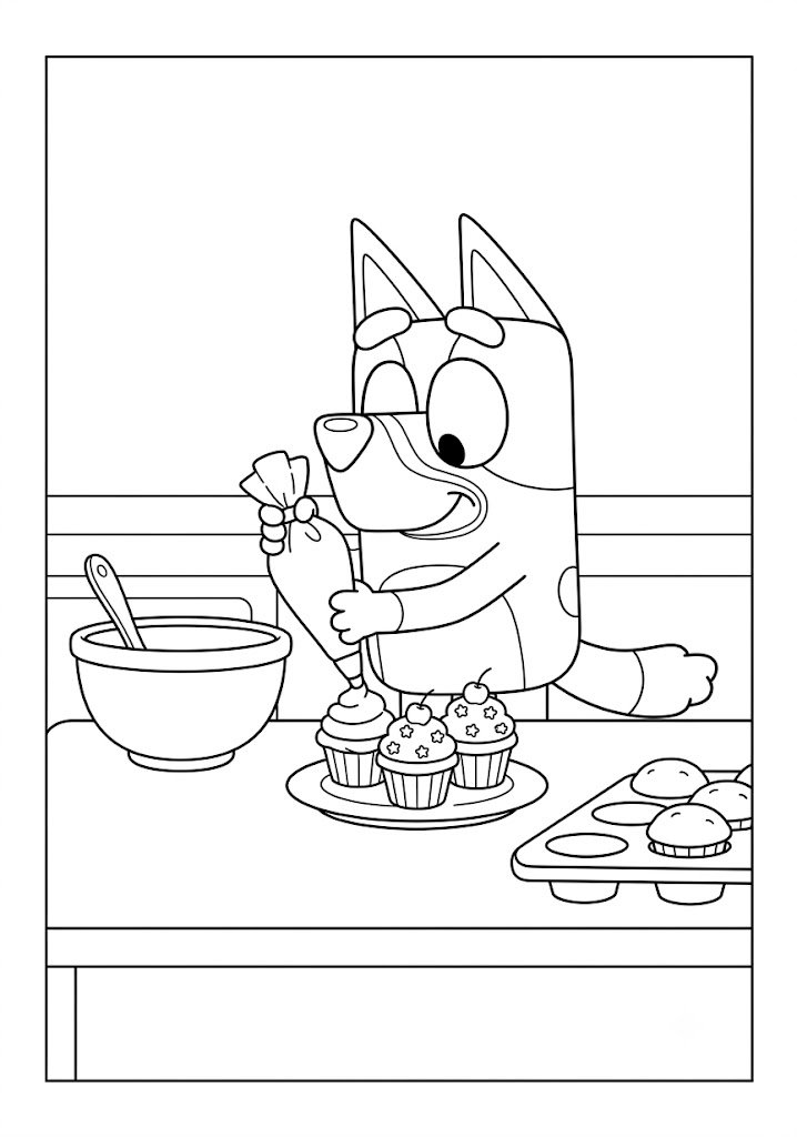 Bluey Decorating Cupcakes Coloring Pages
