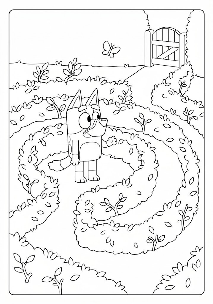 Bluey Exploring a Garden Maze Coloring Pages