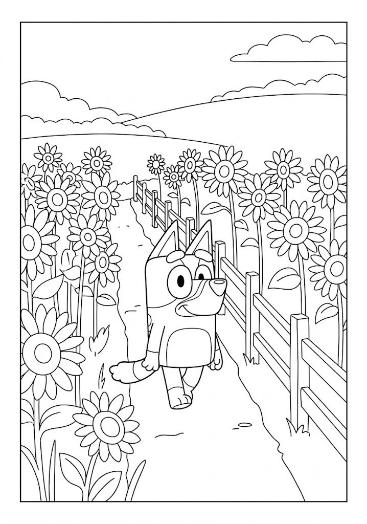 Bluey Exploring a Sunflower Field Coloring Pages