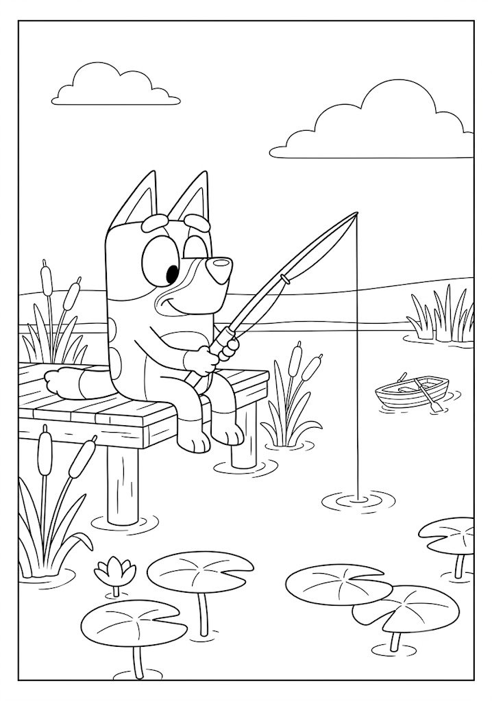Bluey Fishing at a Pond Coloring Pages