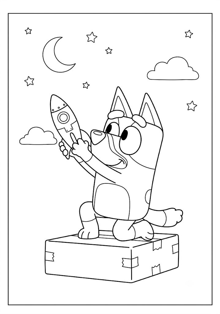 Bluey Flying a Toy Rocket Coloring Pages