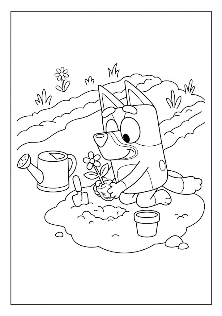 Bluey Planting a Flower Coloring Pages