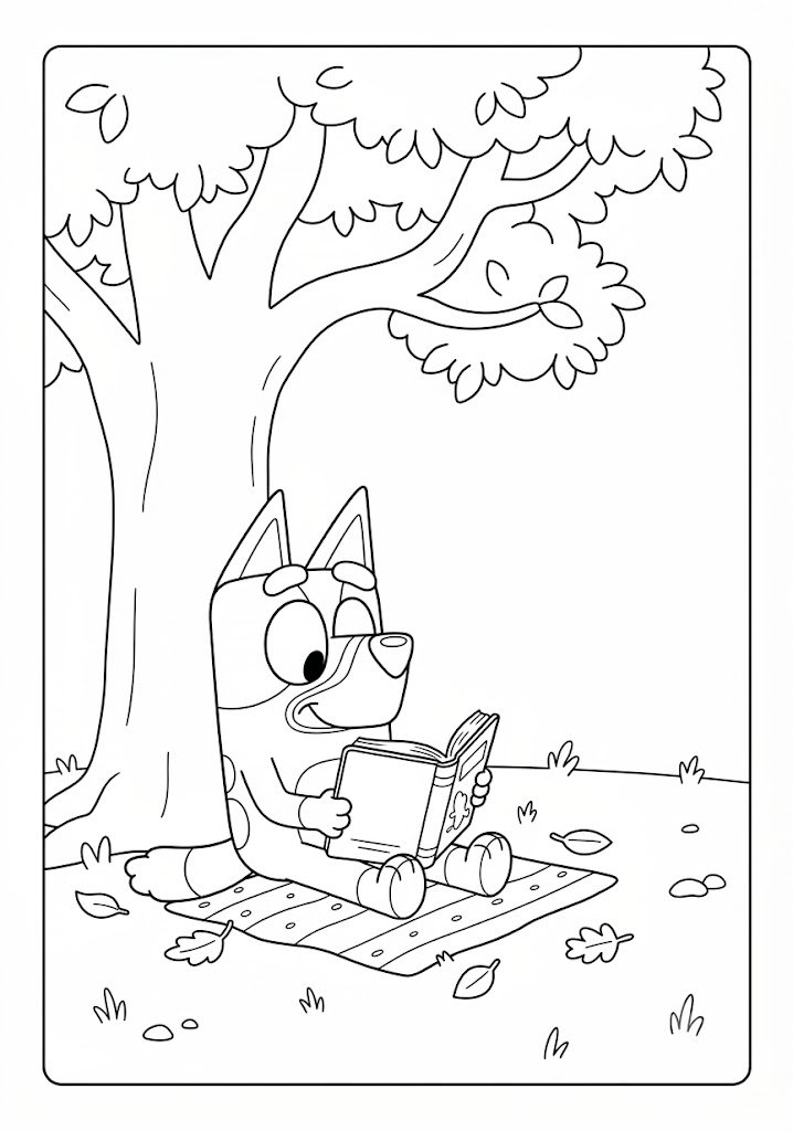 Bluey Reading Under a Tree Coloring Pages