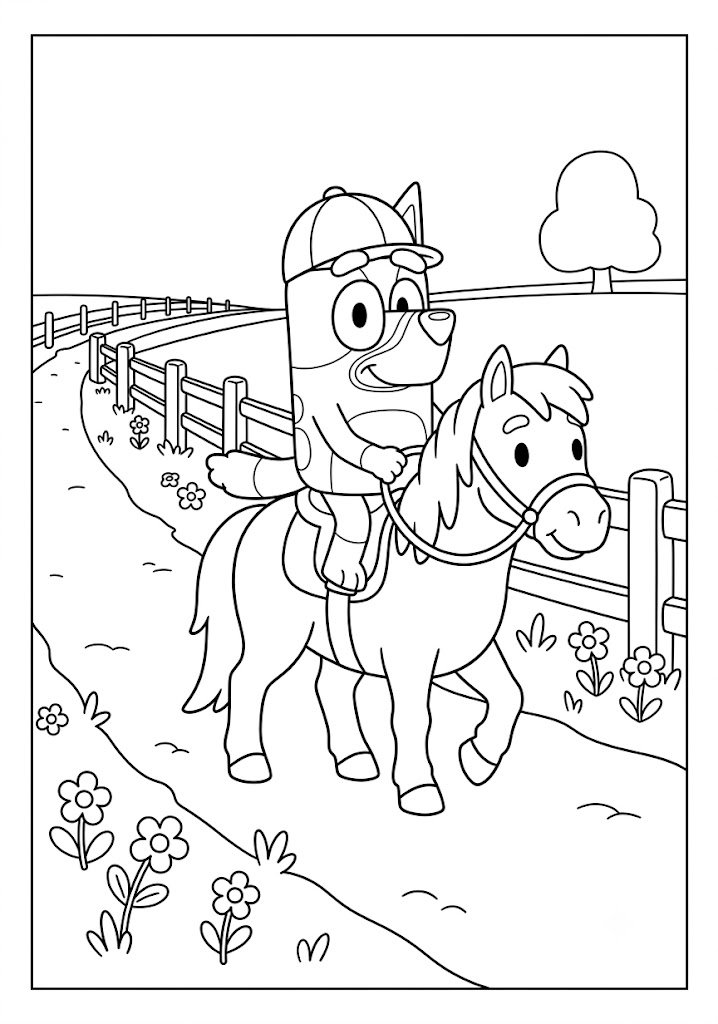 Bluey Riding a Pony Coloring Pages
