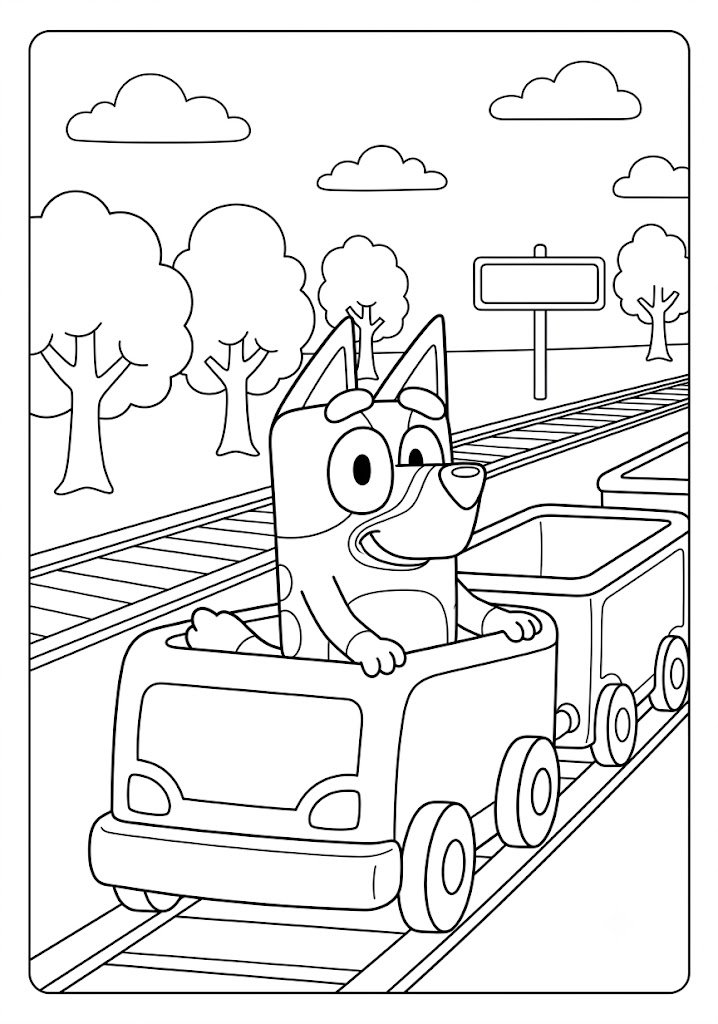 Bluey Riding a Small Train Coloring Pages