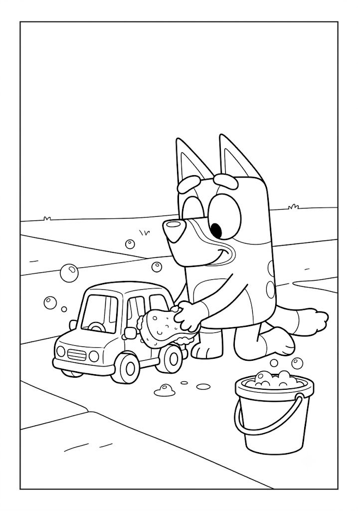 Bluey Washing a Toy Car Coloring Pages