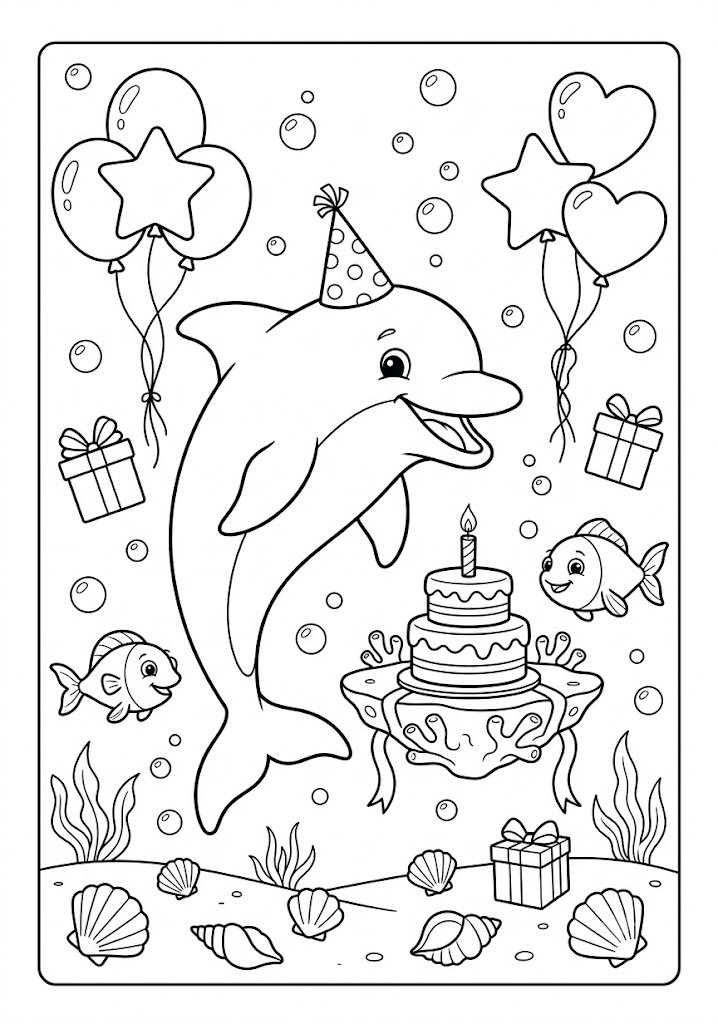 Dolphin Celebrating a Birthday Coloring Pages