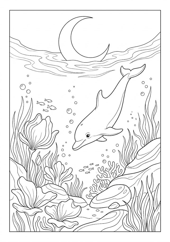 Dolphin Discovering a Moonlit Underwater Garden