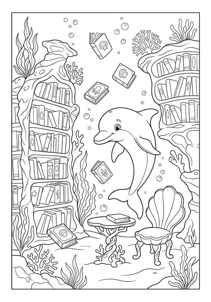 Dolphin Exploring a Giant Underwater Library