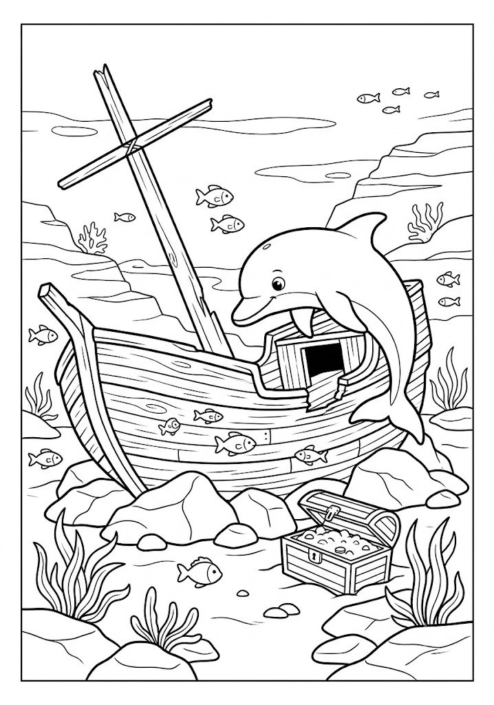 Dolphin Exploring a Sunken Ship Coloring Pages