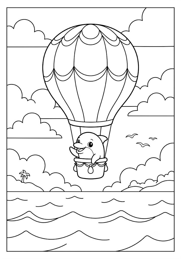 Dolphin Flying a Hot Air Balloon Coloring Pages