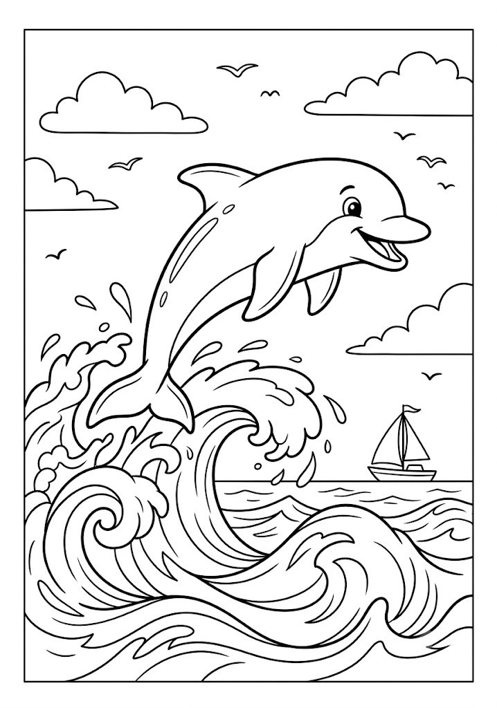 Dolphin Jumping Over Waves Coloring Pages