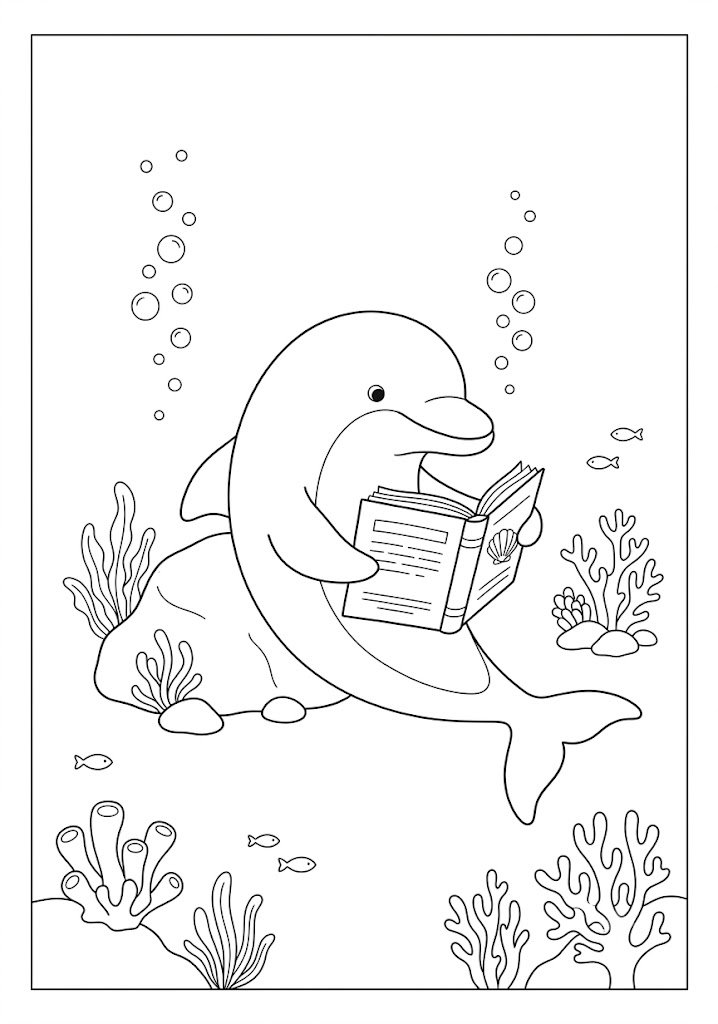 Dolphin Reading a Book Coloring Pages