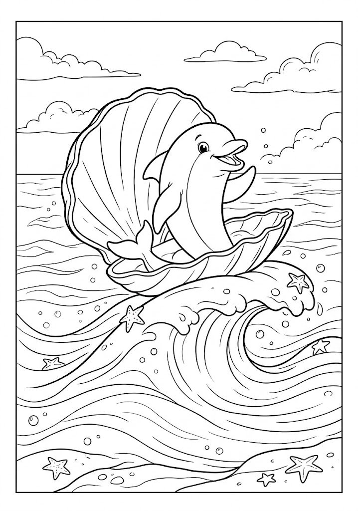 Dolphin Riding a Giant Seashell Coloring Pages