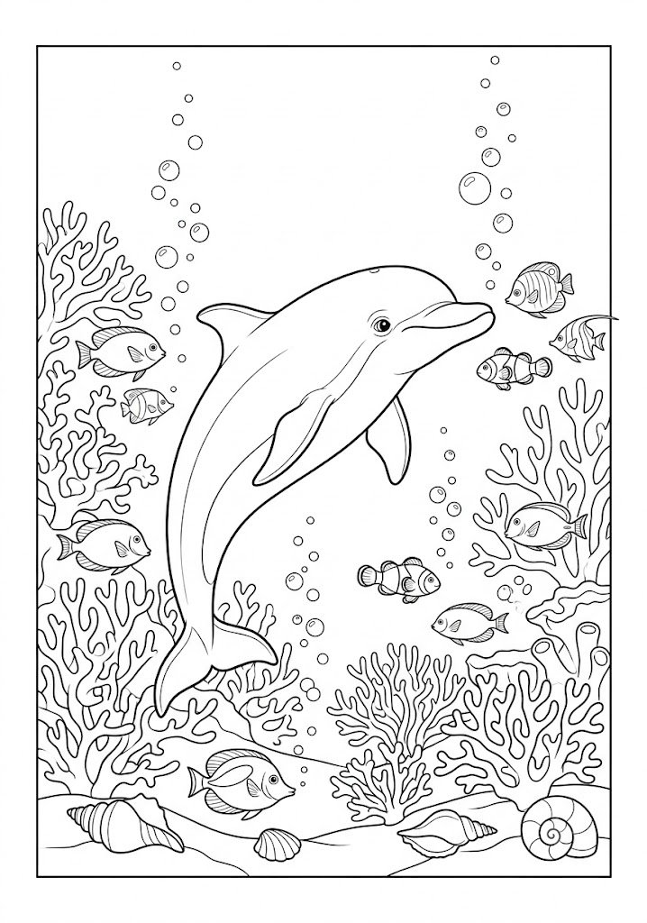 Dolphin Swimming Through Coral Reef Coloring Pages