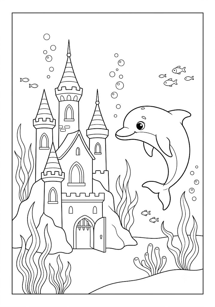 Dolphin Visiting an Underwater Castle Coloring Pages