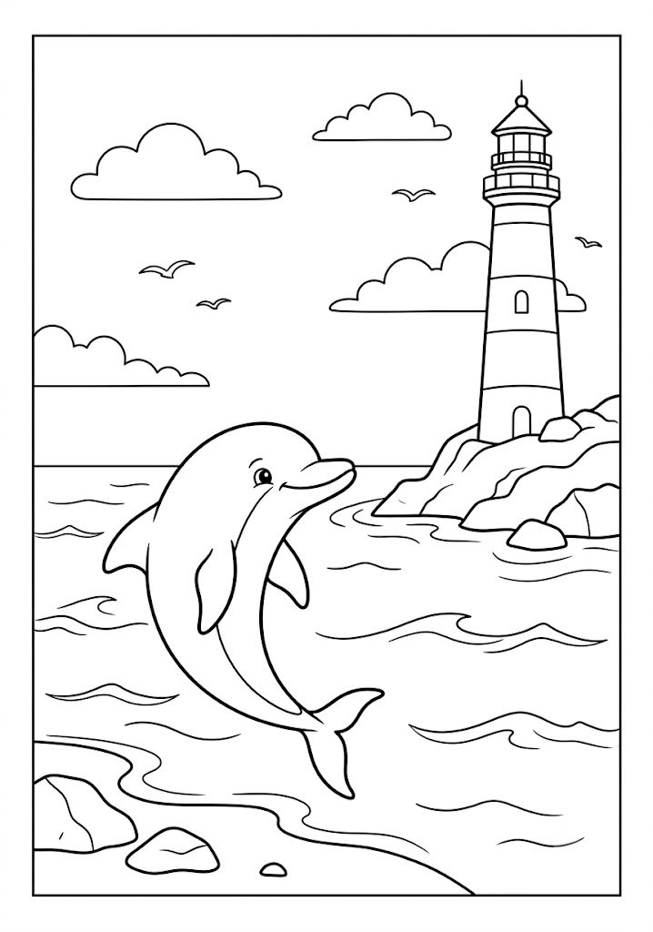 Dolphin Watching a Lighthouse Coloring Pages